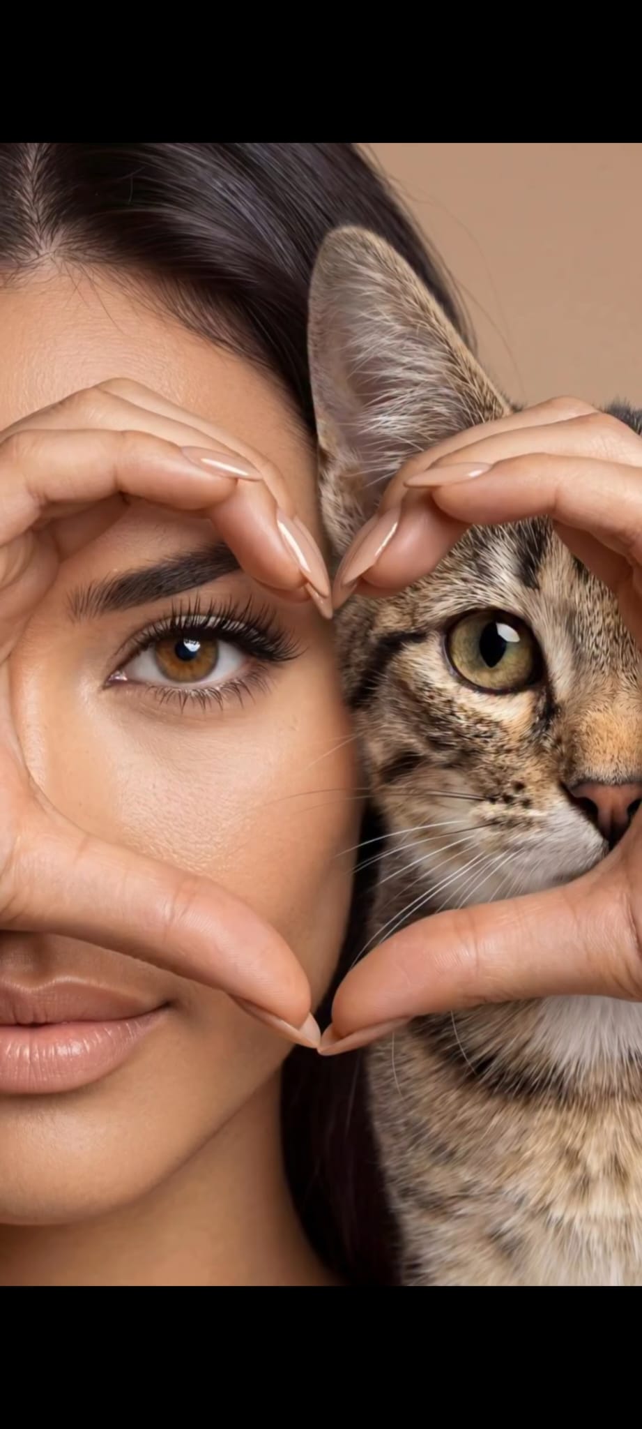 Woman and cat showing heart symbol with hands, highlighting their deep spiritual union